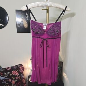 Linea Donatella Purple Lace Chemise, Embroidery Detail